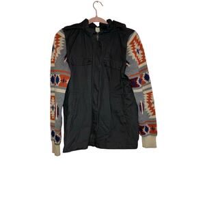 Thread & Supply Western Aztec Zip Up Hooded Jacket Small Grey Cream Knit Sleeves